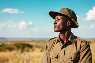 Portrait of an African gamekeeper enjoying the breathtaking views of the vast wilderness in Kenya, surrounded by stunning landscapes