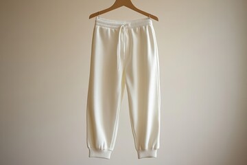 Minimalist White Jogger Sweatpants Hanging on Hanger.Soft Cotton Lounge or Sportswear Display on Neutral Background for E-commerce or Apparel Catalogs