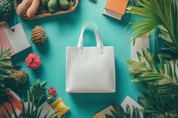 White Tote Bag Flat Lay with Citrus, Flowers, and Beauty Products on Blue Background. Creative Branding and Packaging Mockup for Natural Cosmetics or Summer Lifestyle Concepts