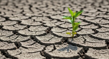 Lone green seedling sprouts from cracked dry earth symbolizing hope and resilience in harsh environments