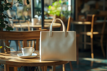 Trendy café ambiance featuring a clean, neutral bag and cappuccino on a rustic round table. Great for marketing materials, branding mockups, or lifestyle content around coffee