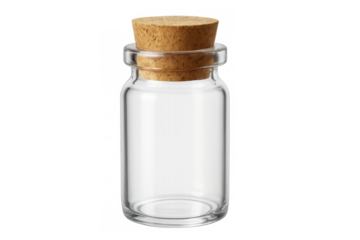 Clear glass jar with a cork lid on a transparent background, ideal for storing small items or decorative purposes in various settings