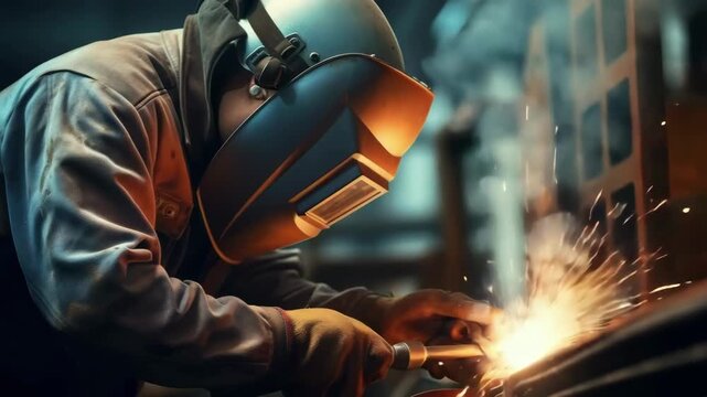 Close-up video still of a welder at work, capturing sparks flying. The low-angle shot emphasizes the intensity and focus of the welding process. Live desktop wallpaper.