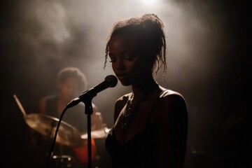 Young black woman singing with passion and soul into microphone on stage with drummer performing in background, smoky atmosphere