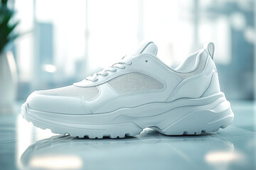 Stylish low-top sneaker displayed with crisp reflection and soft bokeh lights in the background. Useful for startup fashion brands, sneaker release promotions