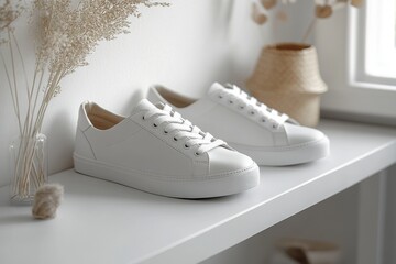 Minimalist product photo of a white leather sneaker placed on a shiny surface with clean studio lighting. Perfect for e-commerce catalogs, fashion branding