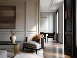 Aesthetic beautiful elegant  modern luxury interior design. Clear mock up empty wall for decoration in the apartment, painting frame. Copy space in the room.