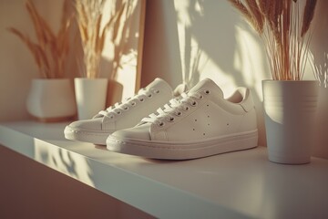 white sneaker on a glossy surface, fitting for articles or designs related to comfort, everyday wear, sneaker trends, and fashion accessories.