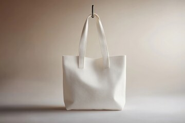 Tote bag suspended on an interior wall, bathed in soft morning light with long shadow lines