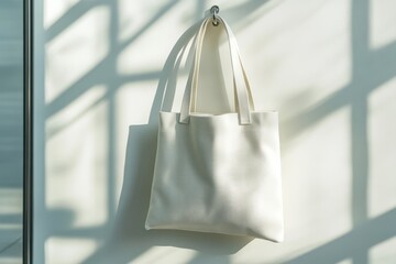 Eco-friendly cotton tote bag elegantly hanging on a metal hook in soft natural daylight. Ideal for sustainable fashion branding, product mockups, zero-waste lifestyle campaigns
