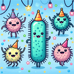 Cute bacteria characters with party hats and disco lights