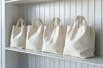 Row of White Canvas Tote Bags on Shelf.Minimalist Eco Packaging Mockup for Retail, Branding, or Product Display
