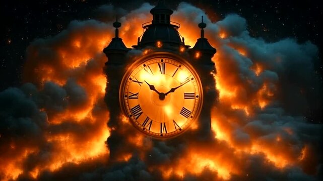 A dramatic clock engulfed in fiery clouds, symbolizing the passage of time and urgency