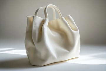 Elegant white fabric tote bag captured in soft studio lighting, highlighting its sculptural folds and natural texture. Ideal for use in sustainable fashion branding