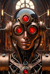 Fototapeta premium Steampunk Robot Portrait with Crimson Glowing Eyes and Brass Detailing
