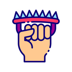Depicts a fist holding a brass knuckle, useful in designs related to protection or security, suitable for scalable logo, icon, or graphic elements.