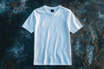 plain white cotton T-shirt laid flat on a textured concrete surface, ideal for clothing mockups, fashion branding, or promotional product templates