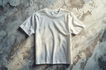 Laid-flat white T-shirt with soft folds and realistic texture, placed on rough concrete background. Suitable for branding mockups, clothing line promotions