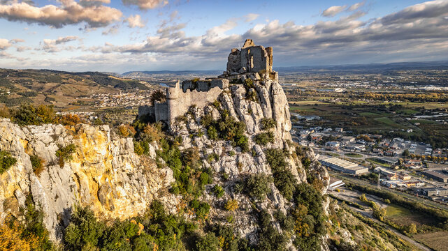 Ruins of Ch&acirc;teau de Crussol, a 12th Century Medieval Castle on a Hilltop Overlooking the Rh&ocirc;ne Valley in Saint-P&eacute;ray, Ard&egrave;che, Opposite Valence, France &ndash; Aerial Scenic View