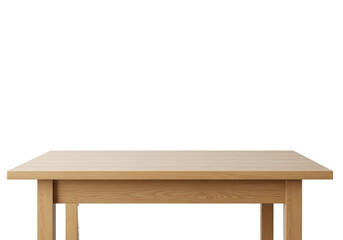 Light brown empty wooden tabletop, smooth surface with subtle wood grain, solid front panel, isolated against a bright white background with ample negative space, frontal view, shadowless studio