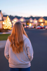 Girl Facing Christmas Tree Lights in Residential Neighborhood During Evening Twilight