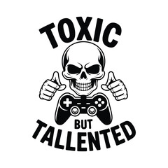 Skull gamer with controller toxic but talented silhouette isolated on white background