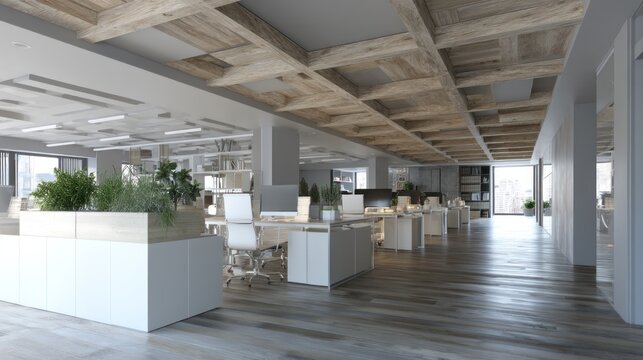 Modern open-plan office space with exposed wooden beams.