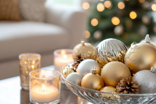 Elegant gold and silver christmas ornaments create a festive atmosphere in a cozy living room, illuminated by the warm glow of candles