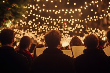Choir members joyfully singing carols by candlelight, creating a warm atmosphere during festive Christmas celebrations filled with harmony