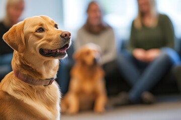 Golden retriever dog attentively listening to a skilled behaviorist during an engaging training session focused on obedience and learning