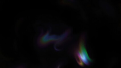 Blurred rainbow refraction overlay effect. Light lens prism effect on black background. Holographic reflection, crystal flare leak shadow overlay. Colorful rainbow disco ball light