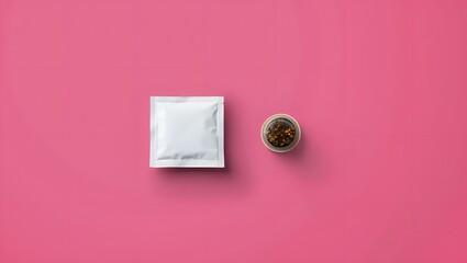 Stock photo of blank white sachet packet and small cup of sauce on pink background