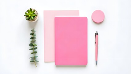 Pink notebook and pen flat lay for office stationery and desk organization concept art