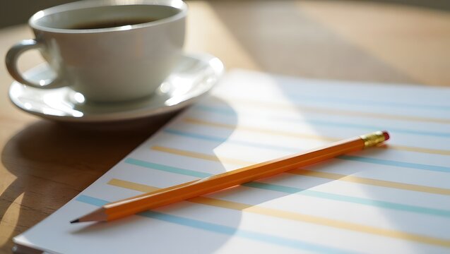 Coffee cup and notebook with pencil on desk for writing blog post idea inspiration