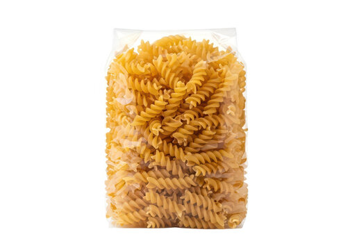Clear plastic bag filled with dry fusilli pasta on uncooked food - Powered by Adobe