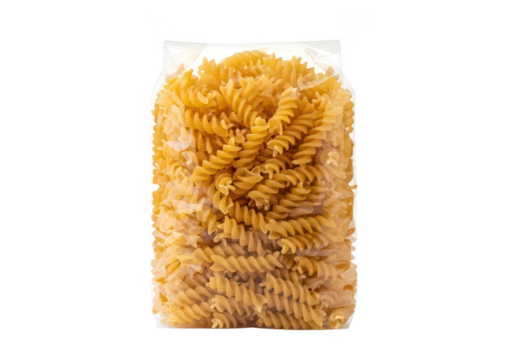 Clear plastic bag filled with dry fusilli pasta on uncooked food