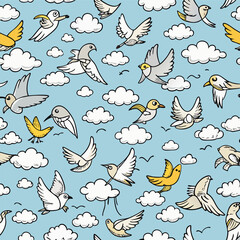 Seamless Pattern with Cute Cartoon Birds in Black and Gold