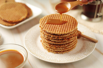 Stroopwafel, a thin, round cookie popular throughout the Netherlands