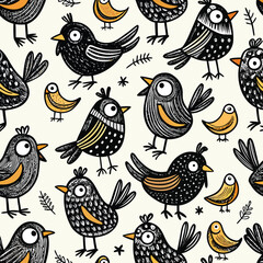 Naklejka premium Seamless Pattern with Cute Cartoon Birds and Floral Elements