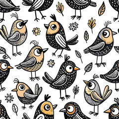 Seamless Pattern with Cute Cartoon Birds and Chicks for Kids Fabric