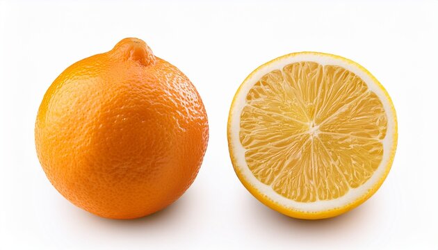 fresh orange tashkent lemons or meyer lemons one whole and one half isolated on white background with shadow