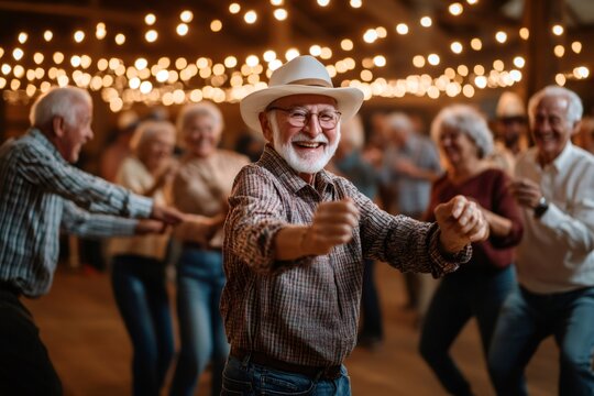 Happy senior man wearing a cowboy hat, smiling and line dancing with friends at a party with string lights