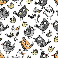 Seamless Pattern of Cute Birds Singing Musical Notes and Feathers
