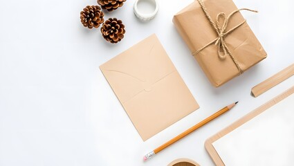 Flat lay stationery mockup featuring kraft paper envelope and wrapped gift box design
