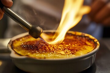 Close up of a chef using a kitchen torch to caramelize the sugar topping of a creme brulee, creating a crisp and golden crust