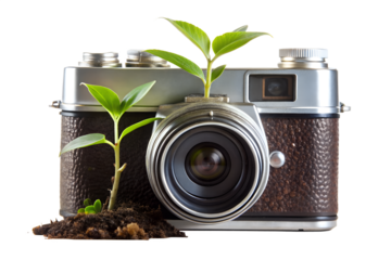 An old camera with plants growing out of it is isolated on transparent background, representing the growth of photography