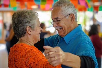 Elderly couple enjoying a lively dance together, celebrating life and love in a festive atmosphere