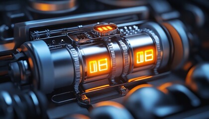 Closeup Of Intricate Metallic Mechanism With Glowing Orange Digital Counter