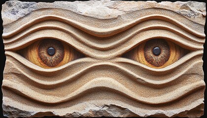 Closeup Of Light Brown Sand Sculpture With Two Dark Brown Eyes And Wavy Patterns
