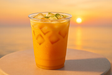 Chilled Orange Matcha Smoothie Drink With Ice Cubes Inside by the Sea at Sunset